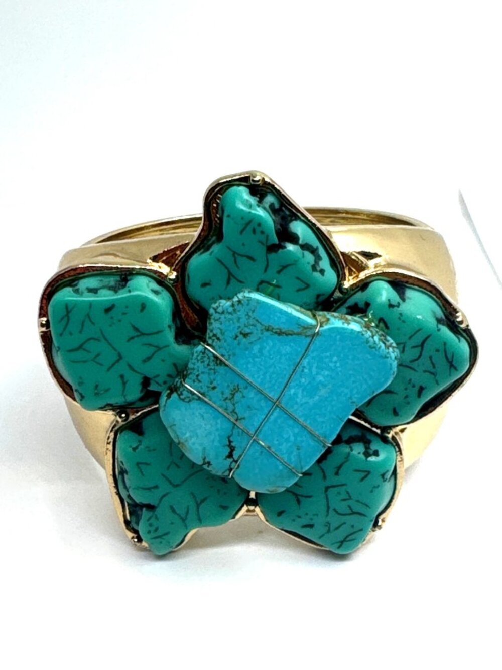 Chico's Gold Tone Faux Turquoise Flower Hinged Cuff Bracelet Western Boho Chunky